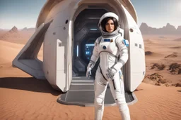 photorealistic slim woman ina spacesuit with dark hair and white boots in a heroic pose at the entrance to a spaceship in the desert