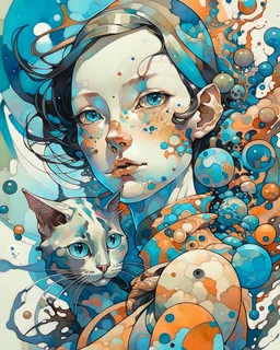 Abstract biomorphic mixed-media painting of woman with Siamese ca, caught in a dynamic off-balance pose inside [SCENERY]. Build the figures from irregular floating shape-cells, softly warped anatomy, oversized curious eyes, rounded mask-like faces, playful distorted proportions, and interlocking organic fragments that feel hand-cut and reassembled. Use pastels with translucent alcohol-ink blooms, watery pigment stains, dry watercolor edges, milky gradients, saturat