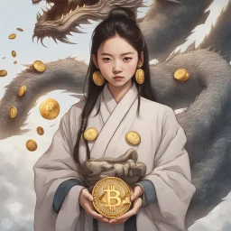 Bitcoin cryptocurrency in the hands of a traditional chinese girl, dragon