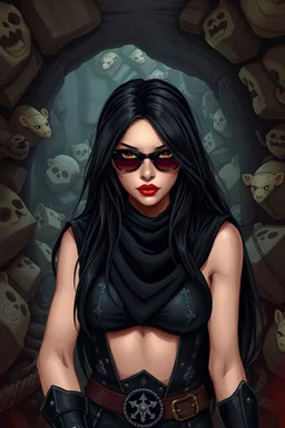 BEAUTY WOMAN, NICE BODY, SCARED, BIG EYES, BLACK LONG HAIRED, RED LIPSTICK, DRESSING A BLACK ARMOUR, AND BLOUSE, SUNGLASES, INTO A DIRTY DUNGEON, BONES AND RATS