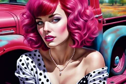 digital glossy airbrush realistic painting of a woman with fuscia pink wavy bob hair style with bangs, red lips, long lashes, wearing pearl jewelry, black and white polka dot dress, bare feet leaning on an old rusted Ford pickup truck, old rustic red barn in the background with redbud trees, with vibrant colors, glitter overlays, and bokeh effects, incorporating iridescent elements and a highly textured style to create an ethereal atmosphere.