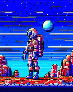 Astronaut in pixel art on a wild planet