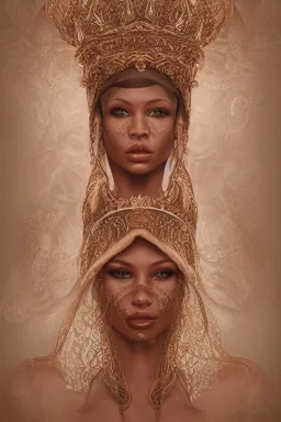 Portrait of a ornate and intricately detailed beautiful female tan skinned goddess queen :: open robes :: exposed breast :: perfect proportions :: flawless eyes :: by Artgerm :: hyperrealistic, hyper detailed, photorealistic :: a masterpiece, incredible composition, amazing depth, imposing, meticulously composed, 16k resolution concept art