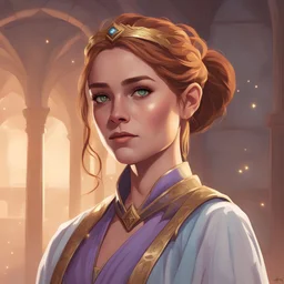 dungeons & dragons; digital art; portrait; female; cleric; violet eyes; golden brown hair; ponytail; young; robes; long veil; soft clothes; light blue and purple robes; roman style dress; cleric of mystra; stars; teenager; magic; circle halo background; headshot