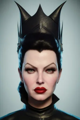 Lana Turner as evil queen in black leather, leather, busty, cleavage, angry, stern look. character design by cory loftis, fenghua zhong, ryohei hase, ismail inceoglu and ruan jia. unreal engine 5, artistic lighting, highly detailed, photorealistic, fantasy