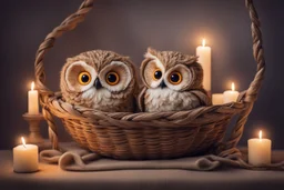 Cute stuffed owls lie in a carved basket on a soft sling, by candlelight