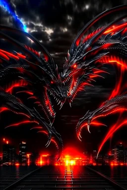 black dragon and red dragon facing each other with glowing eyes on top of a high rise building dark fantasy