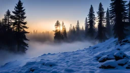 Morning sky,fir forrest scenery, valley,creek,forest,heavy mist,mist shadows,tree, before sunrise,nature,night,snow,fir tree,night,holy night