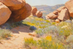 Sunny day, rocks, big rocks, vegetations, distant mountains, sci-fi, gustave caillebotte, and konstantin korovin paintings