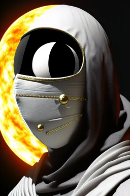 Planet Mercury portrayed as a masked human wearing medieval robes, the right side of the mask is black with open white eye, the left side of the mask is white with closed eye