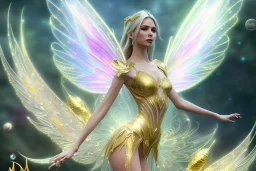  beautiful cosmic fairy, long hair, golden skin, nice smiling, transparent wings, magic glamour make up, delicate colors, beautiful glamour galactique dress, ultra sharp focus, 8k, unreal engine 5, extremely sharp detail, light effect, soft light atmosphere of a spaceship, smooth, full of details, face in front, complete vision of face and hair and body