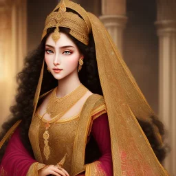 An Arab princess from the Mamluk era, beautiful, heavy hair, long hair, curly hair