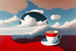 Landscape,horizontal view,a huge caffe cup,chinese,a white sunny cloud floating over the cup,a small red airplan flys across the cloud,lithography