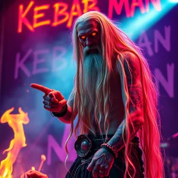 a very thin swedish viking man, evil with very long blonde hair (2 meter), (fat glowing eyes), he is called "KEBAB MAN" performing at death metal club, his name is "KEBAB MAN" kebab rolls On stage, kebab Neon lights and smog, and "KEBAB MAN" big sign on the wall, kebab tribal tattooes, spinning kebab machines, flames and smoke, chaos, he using gasolin and pour it on the kebab on the stage, hand gesture pointing middle finger, not point finger,