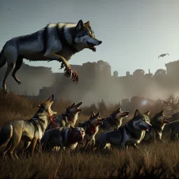 pack wolves zombies decomposition feeding running across the plains hunters carcasses bleeding victims dead animals dawn airship in the distance