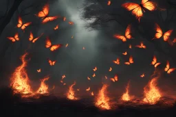 image HD realiste. nuée de papillons enflammés volant dans une forêt sombre. des flammes commencent à embraser des branches.