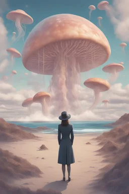 woman in a form-fitting suit, standing on a beach of an alien world, watching mushrooms with jellyfish tentacles in the sky