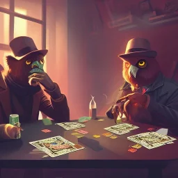 spanish illustrator, seppia colors, 3 owls playng cards in 1930, mafia, cyberpunk, high details, 4k, bar iterior, broken bottles, dollars on the table, rendering, cinematic, smoke in the room,