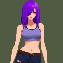 a pretty girl, skinny, relaxed, tank top, purple hair, digital art, stylised