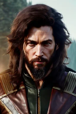 Human Male Druid character, muscular, brown hair, long hair, wild hair, yellow eyes, scars on body, waist up portrait, leather armor, resolution, intricate details, ornate details, soft lighting, vibrant colors, retroanime, masterpiece, natural background, realistic