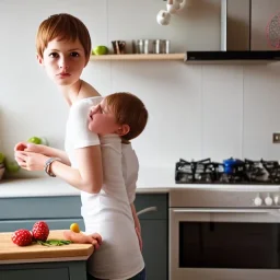 Realistic photo Russian shorthair beautiful tomboy boyish boylike young mother wide hips in kitchen