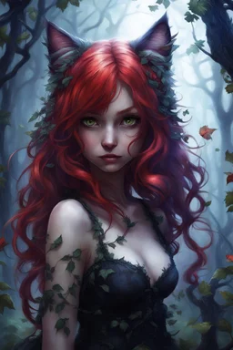 CAT GIRL, FANTASY, FORESTY, VINES, SOULLESS, FLUFFY TAIL, RED HAIR