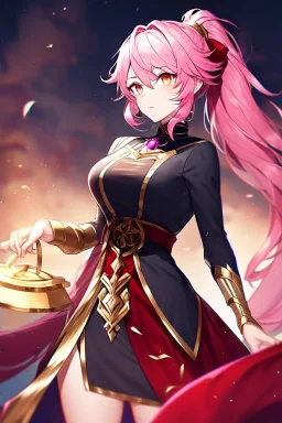 girl, masterpiece, best quality, cinematic lighting, detailed outfit, vibrant colors, perfect eyes, pink hair, long hair, vibrant red eye, ponytail, messy hair, gold eye,