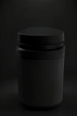 Black protein powder container, screw lid, lid is off, lid lays on the side of the container, round container, black studio, black background, dark setting, no labels on the container, very detailed, realism, high quality