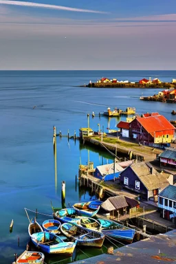 gothic, medieval, fishing town, rocks, long piers, fishing boats, shops, blue sky