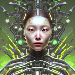 closeup portrait of biopunk asian female floral cyborg, cyberpunk face made of plants. By Piero della Francesca --ar 2:3 --test --creative