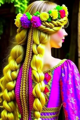 Princess Rapunzel's hair braided and decorated with flowers is beautiful and charming