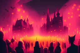 Pink Halloween party with yellow candles and a crowd in a lighted city under the sky