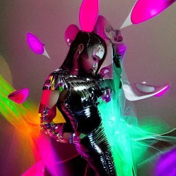 A 1990s or early 2000s magazine party photoshoot. Neon blob, metallic spikes, ethereal. Extremely detailed, HD photography, high quality, stylized, dramatic, high contrast, high exposure.