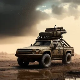 very very very hyperrealistic shot, muddy military pickup truck, heavy guns mounted on back, monotone color palette, sharp focus, puddle reflection, tire water splash, refraction, mist on the horizon, shadowcast, god rays, very very very very detailed and intricate, cinematic composition, macro, tilt shift photography