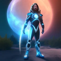 Full body ,Beautiful cosmic man, blue eyes, long blond hair, cosmic suit, galactic backdrop, soft lighting, hyper realistic, unreal engine 5, 16k