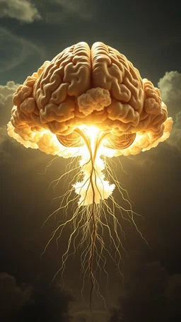 a human brain and descending nerves crossed with a nuclear explosion cloud