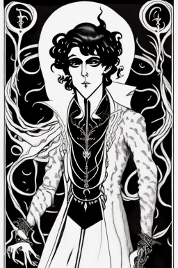 black haired young man necromancer wizard with gothic jewelry and tentacle fingers in the style of Aubrey Beardsley