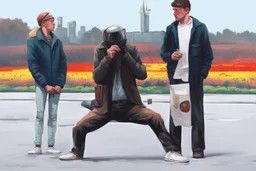 Depressed people in a future city, Simon Stålenhag cartoon style