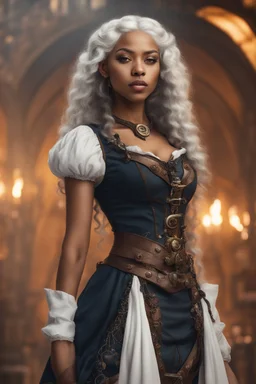 young mulatto elven woman, with wavy snow white hair, dressed in a steampunk style