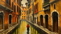 Impressionistic oil painting of a Venetian canal scene on a rainy day, featuring a narrow waterway flanked by aged buildings with brick and stone facades. The buildings are painted in warm tones of orange, yellow, and red, with visible brushstrokes adding texture and depth. A person with their back turned is walking along a narrow walkway, holding a yellow and red umbrella. A boat covered with a white tarp is docked in the canal, its blue and red hull reflected in the water. The water is dark an