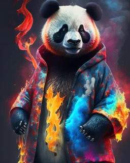 Panda grizzle hybrid colors clothes with lollipopd dark fire art ,Hyperrealistic stunning Master piece