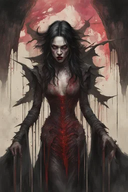 olpntng style, Vampire with fangs, angry, scary, highly detailed, cinematic, 8k, by Stanley Artgermm, tom bagshaw, craig mullins, Carne Griffiths, ayami kojima, Jeremy Mann, trending on deviantart, hyper detailed, horror, full of colour, oil painting, heavy strokes, paint dripping