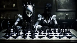 MASKED WOMAN WITH MYSTERIOUS EYES IN A TIGHT BLACK PERIOD COSTUME WITH WHITE LACE RIBBONS, IN FRONT OF A CHESS TABLE WHOSE PIECES ARE STRANGE BIOMORPHOIC CREATURES, CLOSE-UP ON A FOOT DARK BACKGROUND