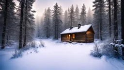 cabin in forest in winter