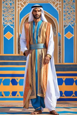 Super model arabian handsome man, detailed, hyper realistic, wearing Arabian a vibrant Amazigh dress adorned with geometric patterns,in the sun, standing proudly in the Atlas Mountains.