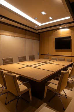 square meeting room and a table in the middle for 12 people and the walls are brown and the table