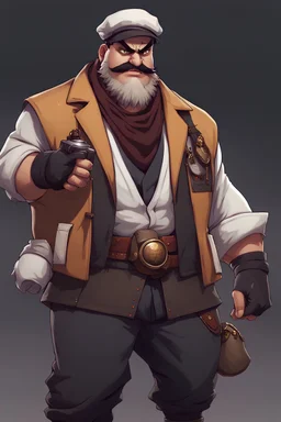 chunky turkish man wearing a roadhog from overwatch with a newsboy cap with devouring powers,turkish culture on his design hunter x hunter style,bleach style,jojo style,Street Fighter Style,Mortal Kombat Style, Tekken Style,urbancore, Kof Style,league of legends style,gen x soft club style,one piece style,2000s Cartoon Style,adult swim style,vaporwave,Killer Instinct Style,Final Fantasy Style,todd Mcfarlane Style,mike mignola style,