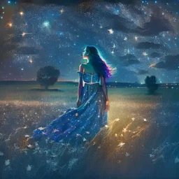 a young woman in a sleeveless dress seen on the back in a field at night with lots of stars, looking at an apparition in the sky