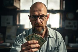 man looking like "Walter White" in breaking bad tv show, bald and goatee glasses, holding a packets of condoms from a desk in a slum bar, smoke and light from windows.