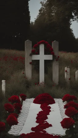 A grave in a field full of red roses. Above the grave is a white lace scarf and a gun.cinematic